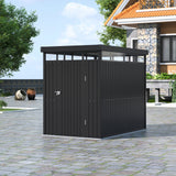 Metal garden storage shed with flat roof, dark gray exterior and light gray side wall paneling
