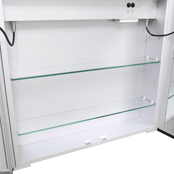 Bathroom mirror cabinet interior with adjustable glass shelves and open storage space