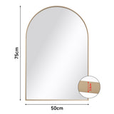 Arch-shaped wall mirror dimensions: 75cm height, 50cm width, gold frame