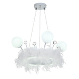 Feather LED chandelier pendant with round chrome canopy, crystal balls, and opal spheres