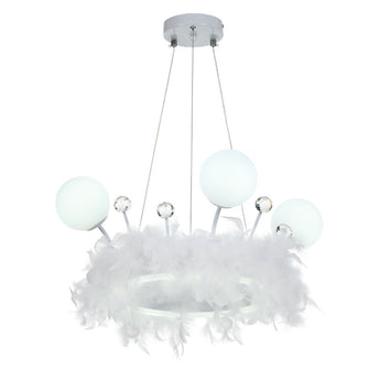 Feather LED chandelier pendant with round chrome canopy, crystal balls, and opal spheres