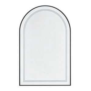 Anti-fog bathroom mirror with dimmable LED, arched dark frame and backlit border