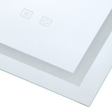 Wall-mounted LED bathroom mirror close-up of corner edge and touch control icons