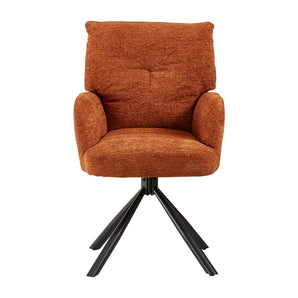 Rust-orange high-back accent chair with rounded arms and black star swivel legs