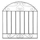 Black wrought iron gate front view with arched top scroll details and vertical bars.