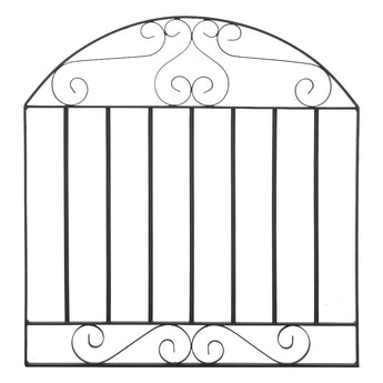 Black wrought iron gate front view with arched top scroll details and vertical bars.