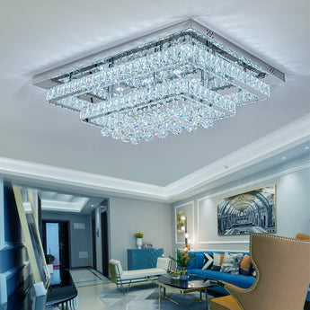 80cm LED flush mount ceiling light, clear crystal square design with hanging glass beads