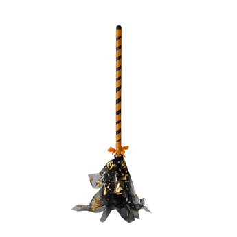 Halloween broom decoration with orange-and-black handle and flared black starry skirt