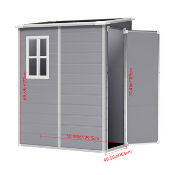 Gray plastic garden storage shed with open side door panel and window; size graphic