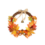 Halloween wreath with orange maple leaves, small pumpkins, berries, and a hanging bell