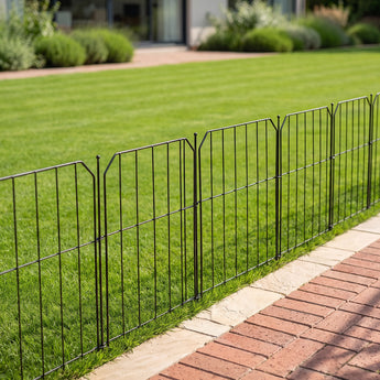 10-pack decorative metal garden fence panels, black vertical bars with curved top