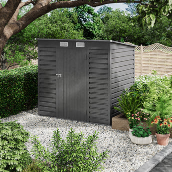 Gray metal storage shed with double doors and louver vents, 191.2cm W