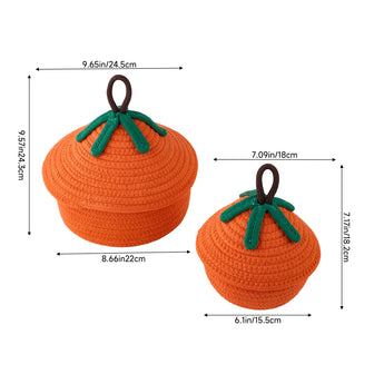 Orange crocheted pumpkin-style basket with green stem accents and brown top handle