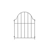 Metal garden fence panel with arched top, straight vertical slats, side latches