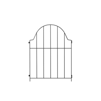 Metal garden fence panel with arched top, straight vertical slats, side latches