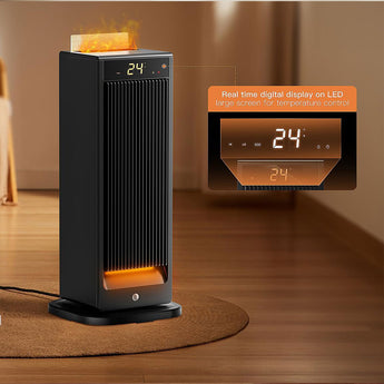Black PTC electric heater with vertical grille and digital LED temperature readout