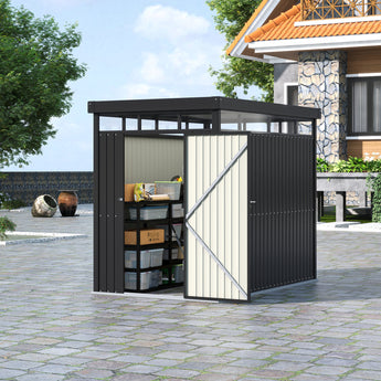 Open metal storage shed with flat roof, dark gray frame and light gray interior wall panels