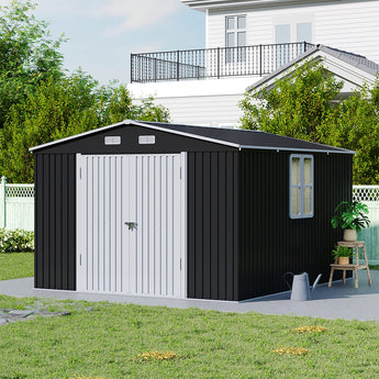 Metal storage shed with double doors, side window panel, and roof vents