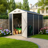 Apex roof metal storage shed with double doors, dark gray panels and white side panels