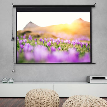 Electric projector screen showing a purple flower field with sunset glow