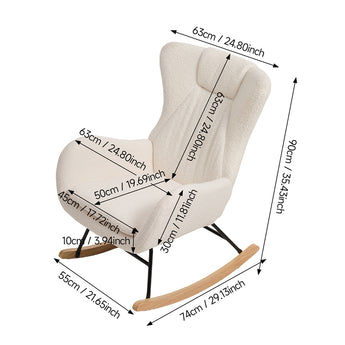 Cream rocking chair dimensions diagram with padded seat, high back, and wood runners.