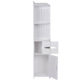 White narrow corner bathroom cabinet with multiple shelves and two hinged louver doors