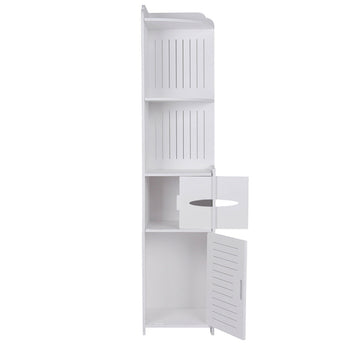 White narrow corner bathroom cabinet with multiple shelves and two hinged louver doors