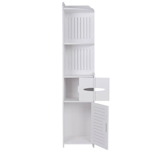 White narrow corner bathroom cabinet with multiple shelves and two hinged louver doors