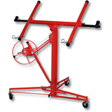 Red drywall lifter panel hoist with hand crank wheel and rolling base