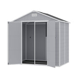 Gray plastic storage shed with double doors open, apex roof vent and side panels