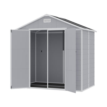 Gray plastic storage shed with double doors open, apex roof vent and side panels