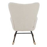 Back view of sherpa upholstered rocking chair with tufted panels and black frame, light wood rockers