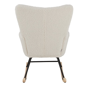 Back view of sherpa upholstered rocking chair with tufted panels and black frame, light wood rockers