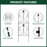 Black metal fence panel product features graphic with arched scrollwork and connection icons