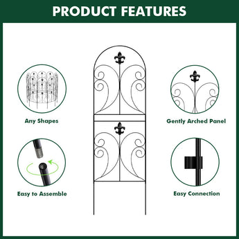 Black metal fence panel product features graphic with arched scrollwork and connection icons