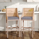 Light wood bar stools with woven backrest and grey upholstered seat, set of 2