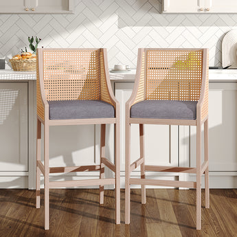 Light wood bar stools with woven backrest and grey upholstered seat, set of 2
