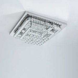Square double-layer crystal ceiling lamp with dense hanging crystal droplets under a glass frame