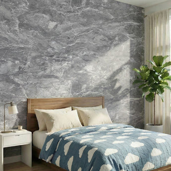 Gray marble-look vinyl flooring sheet with veined stone pattern, large wall panel