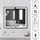 Wall-mounted bathroom LED mirror cabinet with open doors in bright bathroom setting