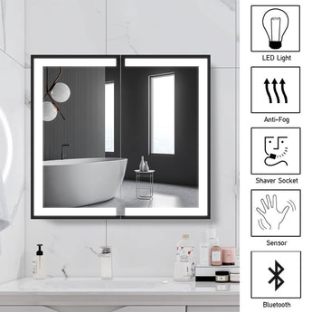 Wall-mounted bathroom LED mirror cabinet with open doors in bright bathroom setting