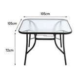 Square outdoor dining table, 105cm x 105cm x 72cm, glass top