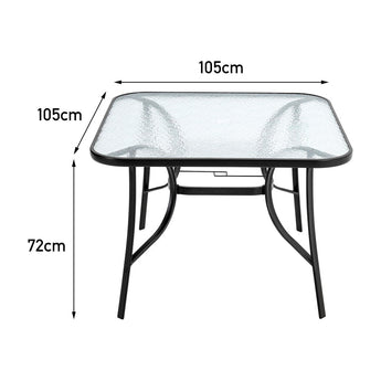 Square outdoor dining table, 105cm x 105cm x 72cm, glass top