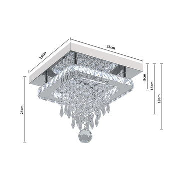 Crystal ceiling light dimensions: 25cm wide, 24cm high, 19cm ceiling