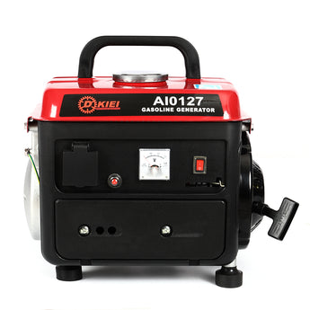Portable gasoline generator with red control cover, black base, voltage meter and power switch