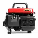 Portable gasoline generator engine housing view with red top cover and heat warning label