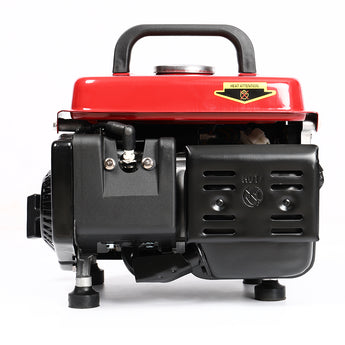Portable gasoline generator engine housing view with red top cover and heat warning label