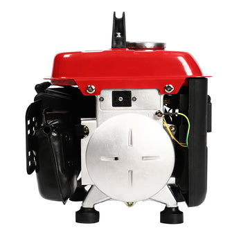 Portable gasoline generator with white recoil starter cover and red engine top