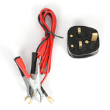 Generator power cord with black plug, red/black wires, and metal battery clamps