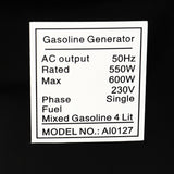 Gasoline generator spec label: 50Hz AC, rated 550W, max 600W, 230V single phase